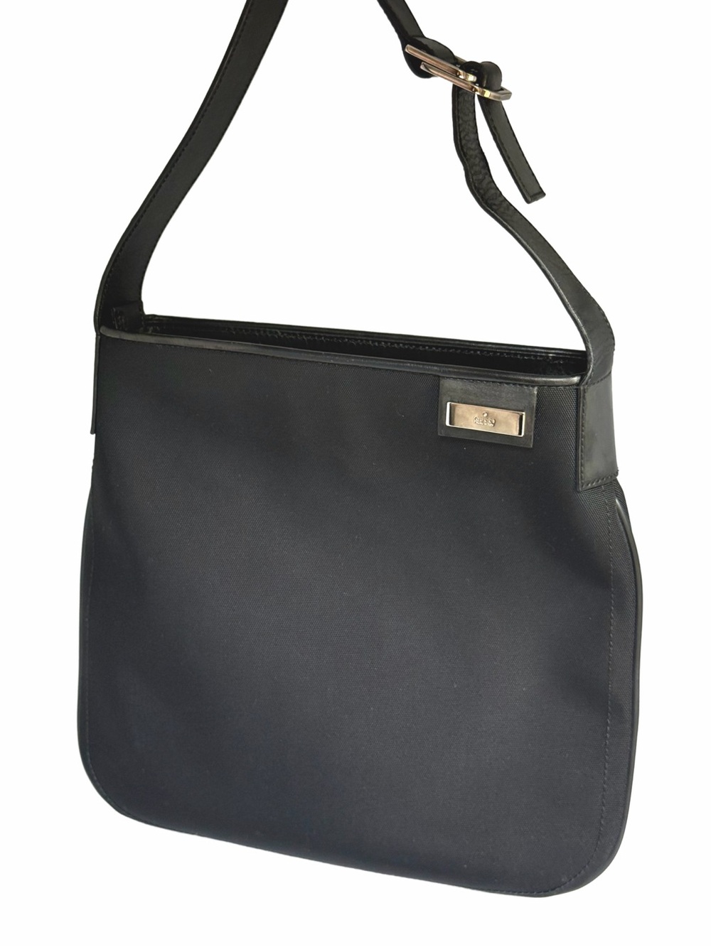 Vintage Gucci Black Nylon Shoulder Bag Leather Trim Silver Logo